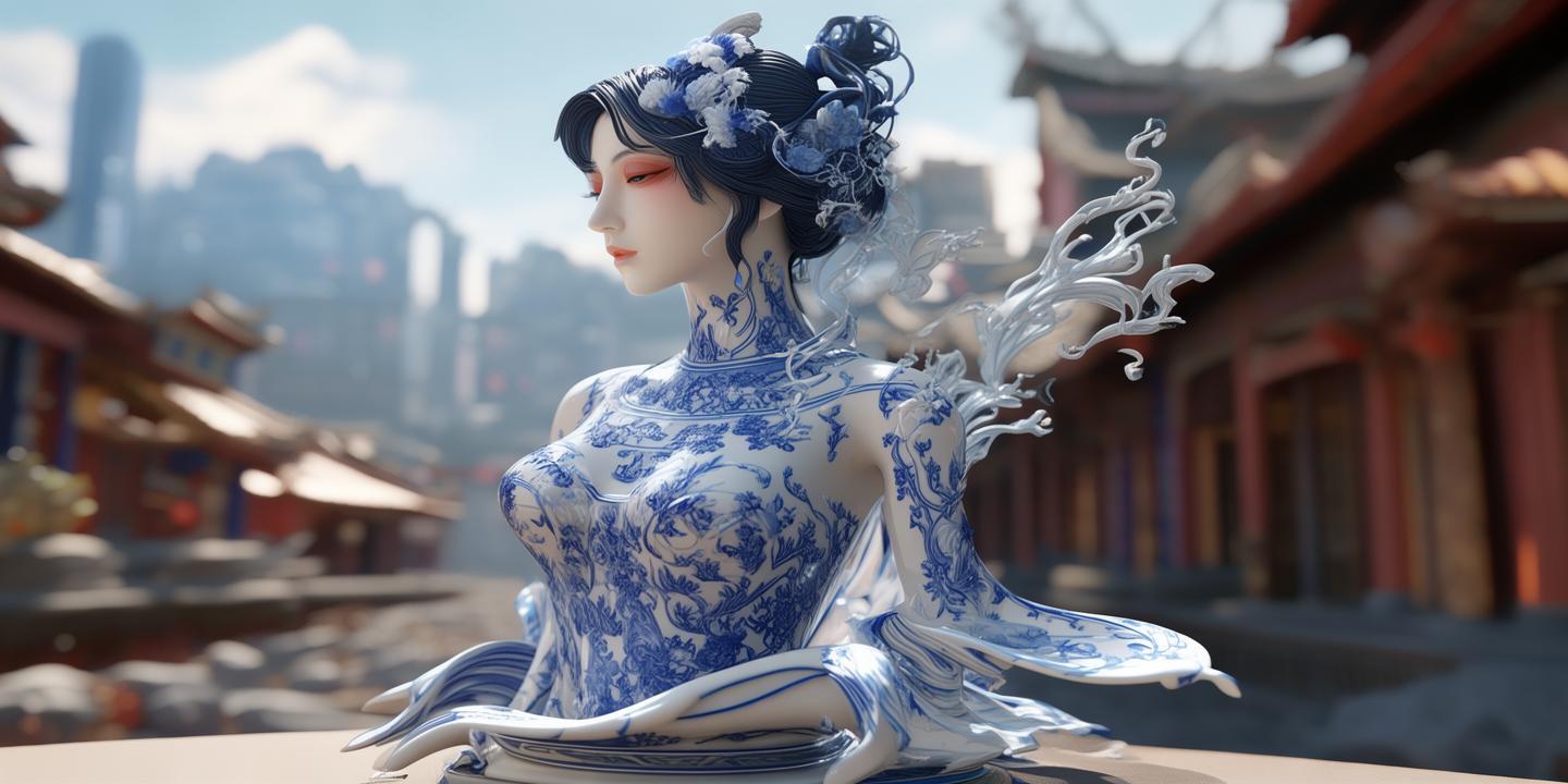 青花瓷美人摆件，AI模型下的传统美学与现代科技的碰撞